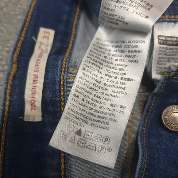 Levi's 720 High Rise Super Skinny Womens 33 Jeans Stretch Blue Denim (34x27) - Picture 10 of 12